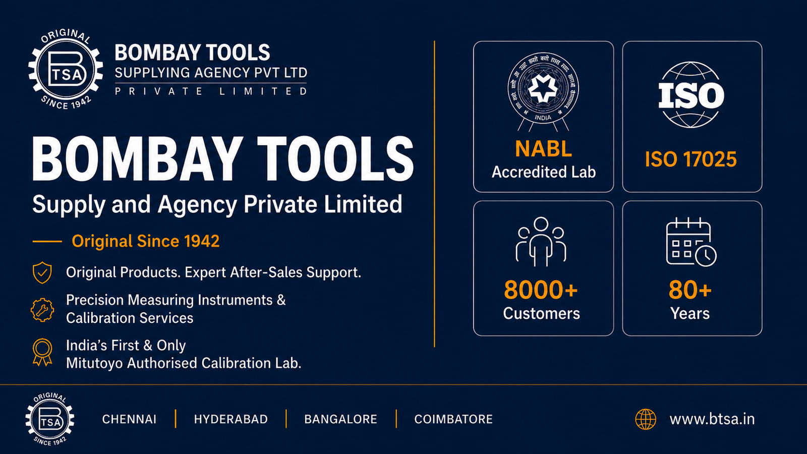 Bombay Tools Supplying Agency (BTSA) — precision measuring instruments and NABL-accredited calibration services since 1942