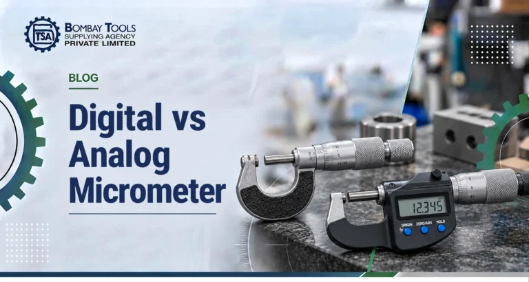 Digital vs Analog Micrometer blog banner showing an analog micrometer beside a digital micrometer